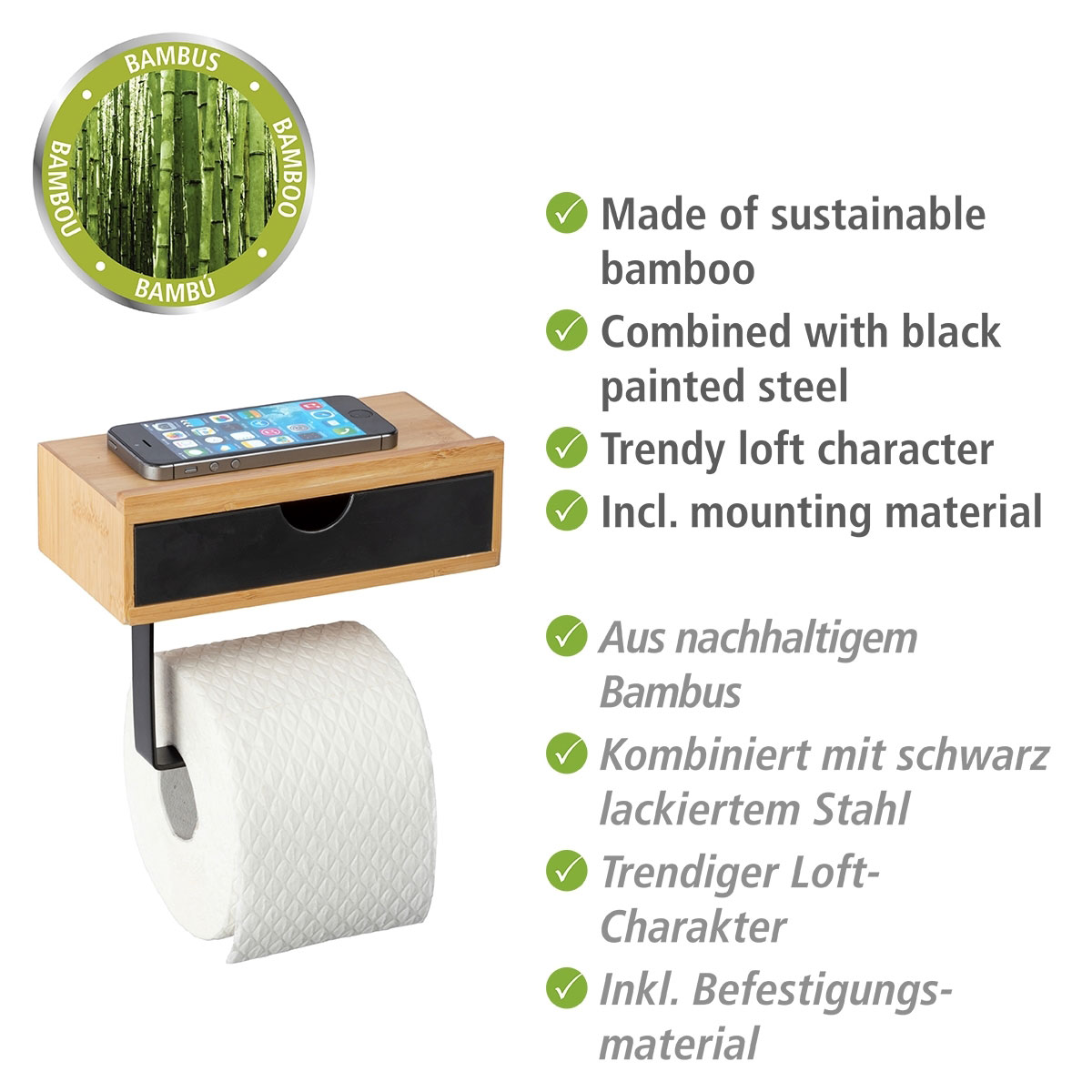 | Wenko 502978 Bambusa Toilettenpapierrollenhalter