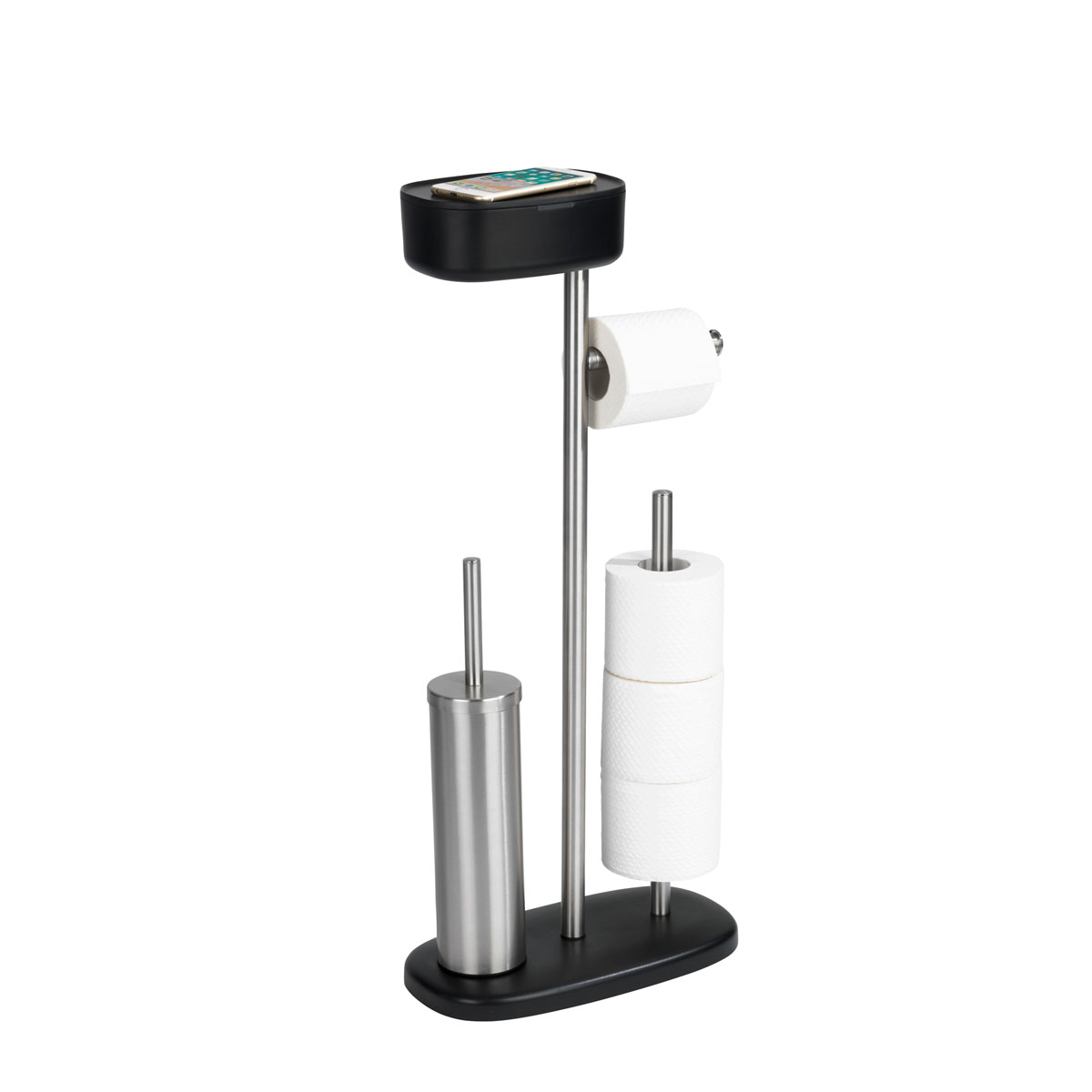 Wenko Stand WC-Bürstenhalter Rivazza WC-Garnitur mit 514826 und Box | Ersatzrollenhalter integrierter Toilettenpapierhalter Schwarz mit Ablagebox