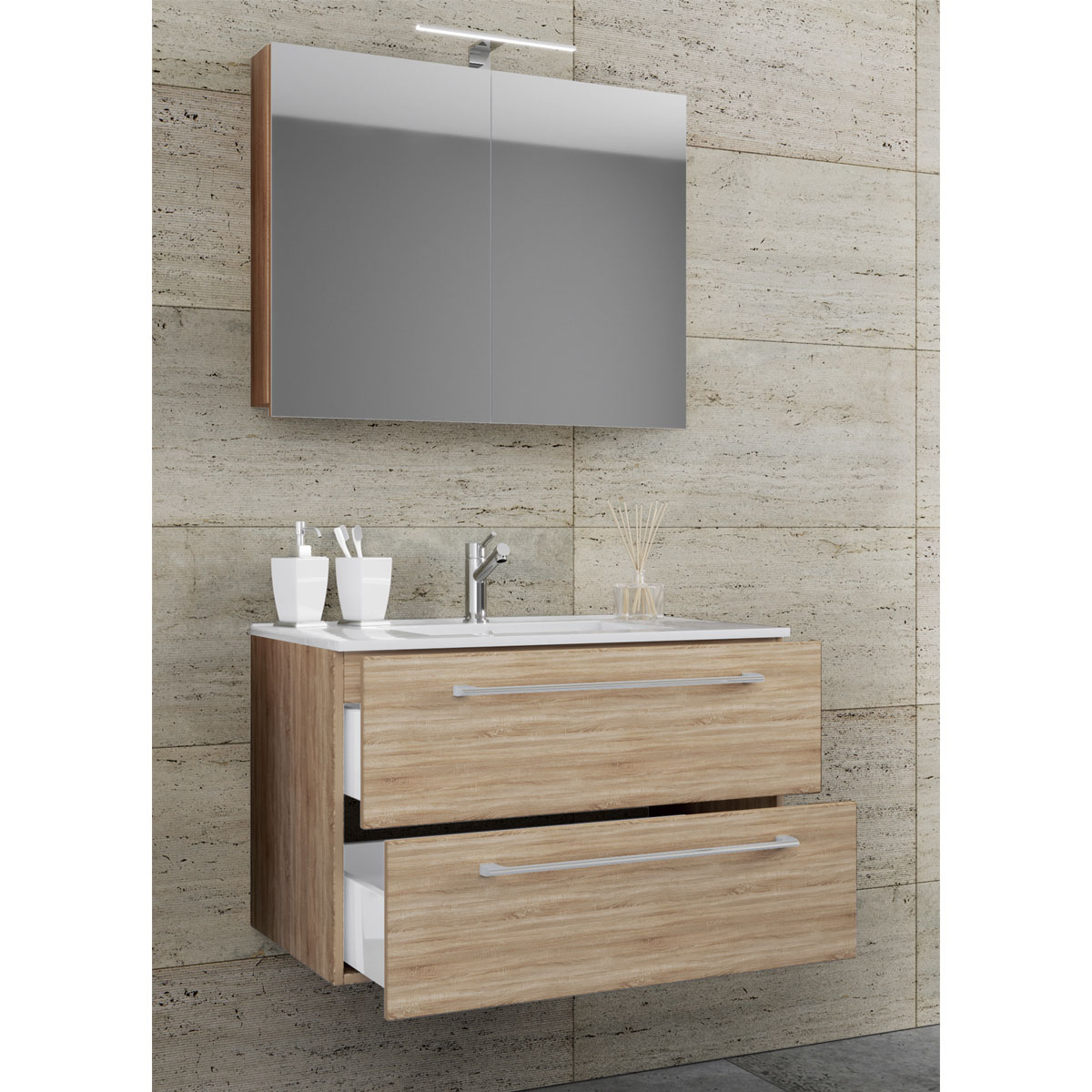 Waschplatz 60 cm 3-teilig Spiegelschrank | beige | K000050543 | Schubfächer braun Sonoma-Eiche mit 2