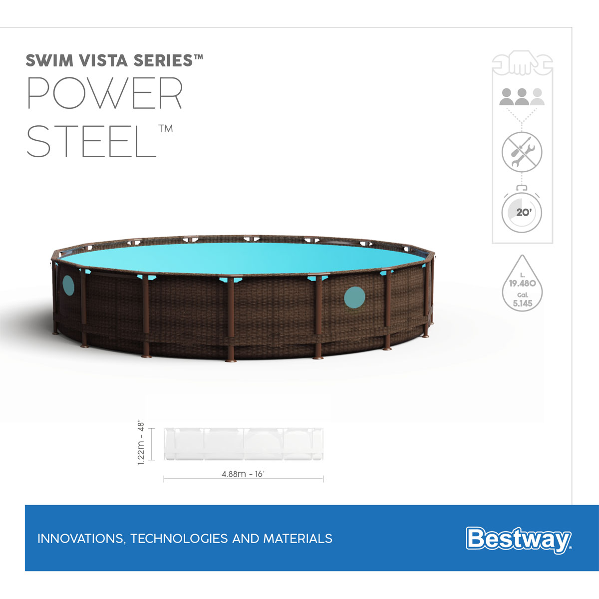 Bestway Power Steel Swim Vista Frame Pool cm rund 488 | x K000037641 Series 122 Komplett-Set