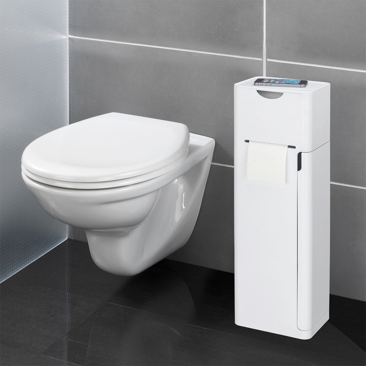 Wenko 6 in WC-Bürstenhalter Weiß Stauraumfächer 514825 | WC-Garnitur Imon Stand 1 matt und Toilettenpapierhalter integrierter Ersatzrollenhalter Ablage
