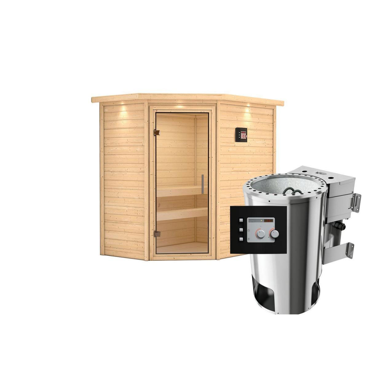 Karibu Sauna Cilja mit Strg 3,6 Bio 223200 | Ja modern Strg. 3,6 Klarglastür Klarglas-Tür kW | Ofen | externe kW externe | Kranz Bio Eckeinstieg